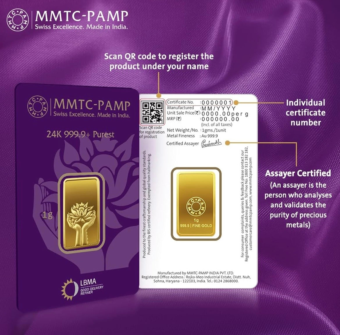 MMTC PAMP 24K (999.9+) Purest 1g Gold Bar, Lotus 1g Coin