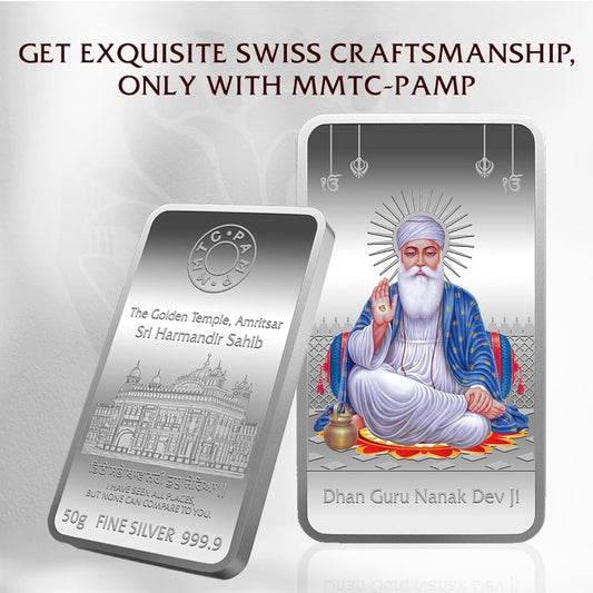 999.9+ Purest Silver Bar, Guru Nanak Dev ji 50 gm Silver Coin