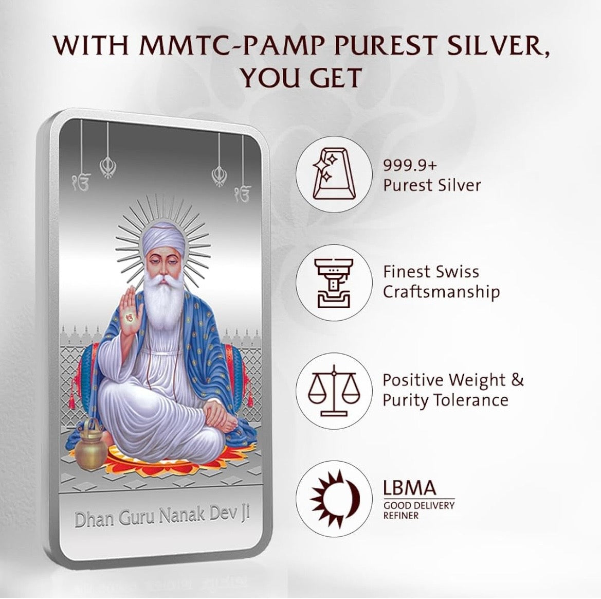 999.9+ Purest Silver Bar, Guru Nanak Dev ji 50 gm Silver Coin