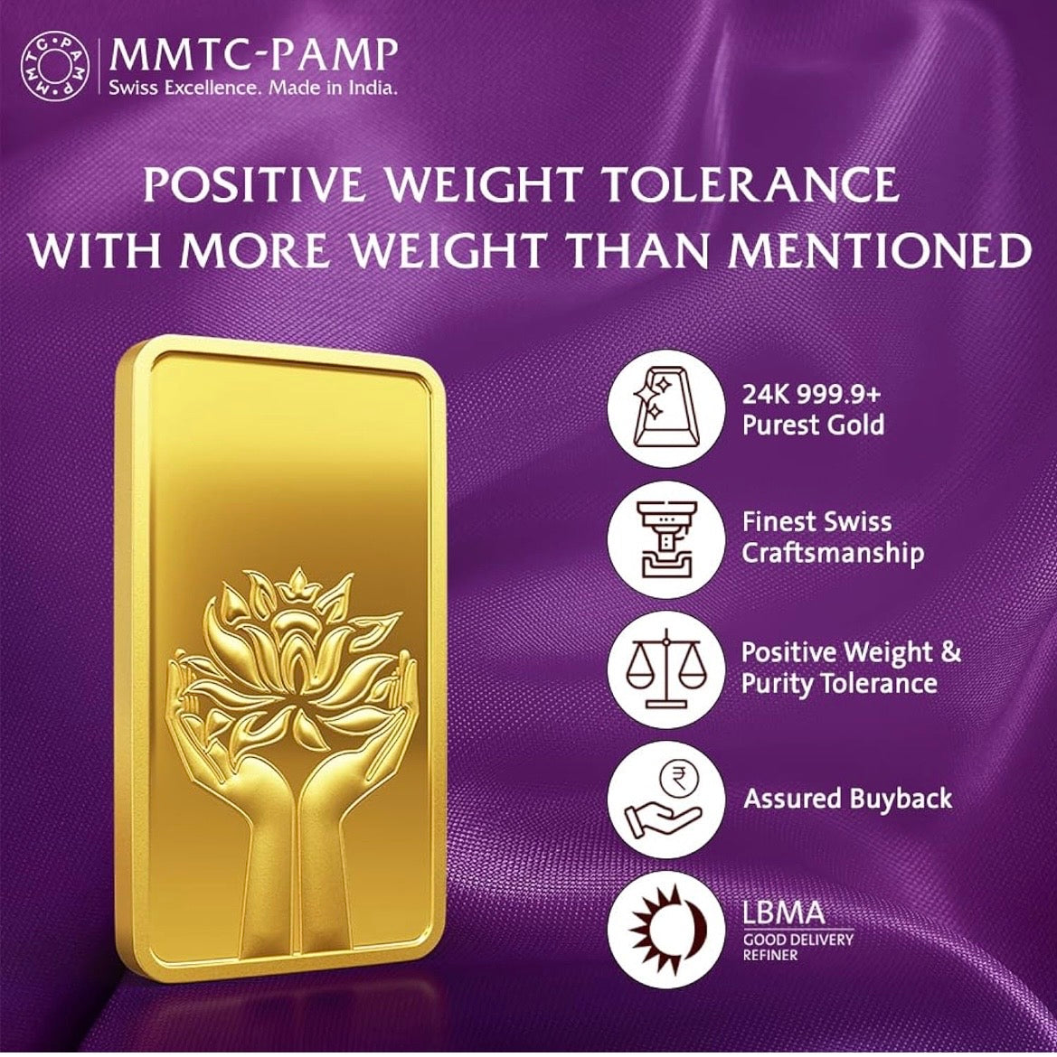 MMTC PAMP 24K (999.9+) Purest 1g Gold Bar, Lotus 1g Coin